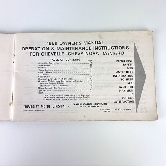 1969 Chevrolet Camaro Chevelle Nova Owner's Manual 3rd Edition - Picture 4 of 8